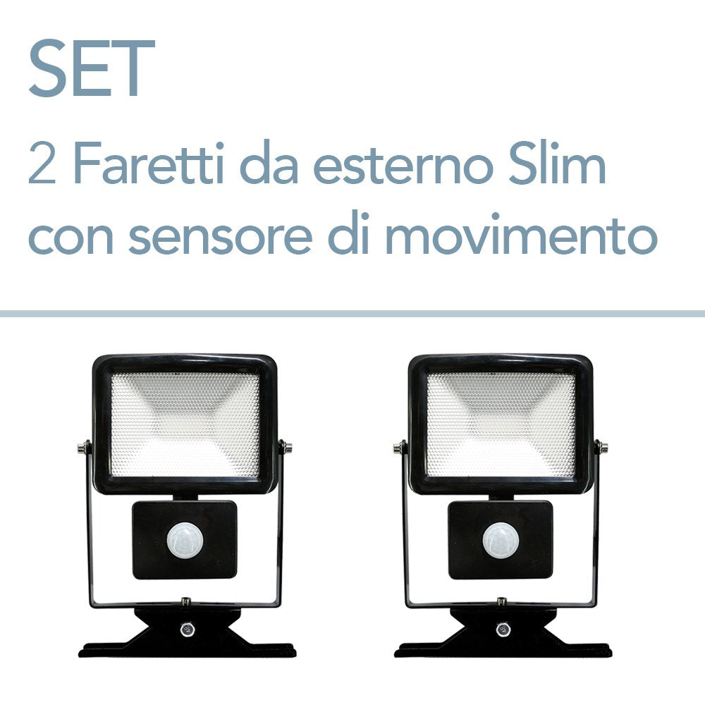 Electraline 92303 coppia 2x Proiettore Faretto Slim da Esterno, IP44 a LED con Sensore crepuscolare di Movimento, 10W, nero