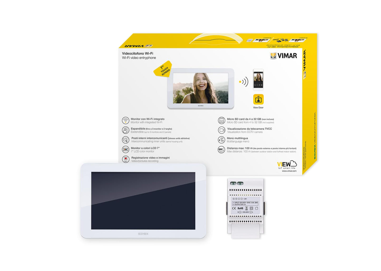 Vimar K42957 Monitor supplementare touch screen vivavoce Wi-Fi a colori LCD 7" per kit videocitofonico, 1 alimentatore 40103, completo di staffe per il fissaggio a parete