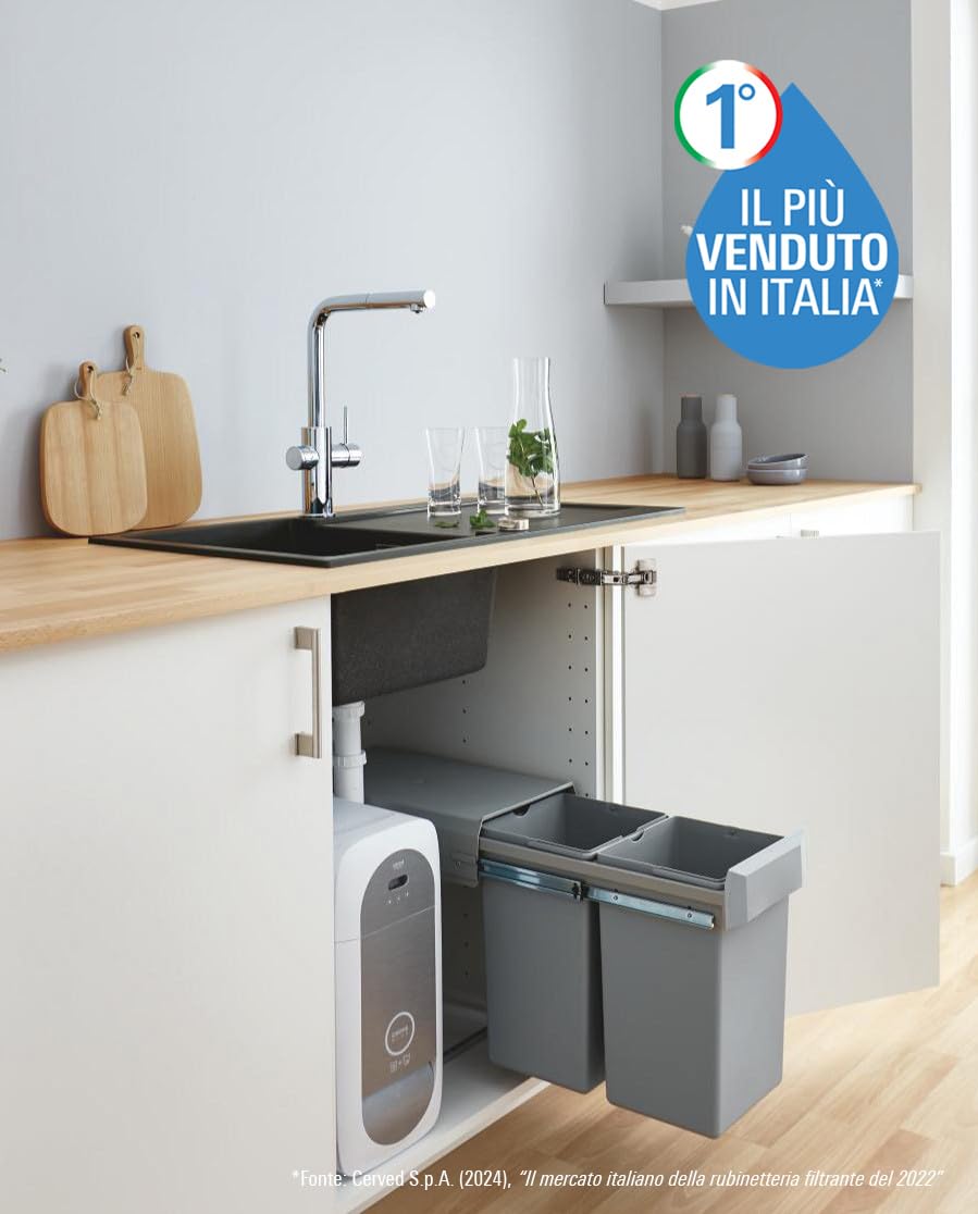 GROHE Blue Home miscelatore monocomando per lavello con sistema filtrante dell'acqua, Bocca L, Filtro acqua incluso, cromo, 31454001