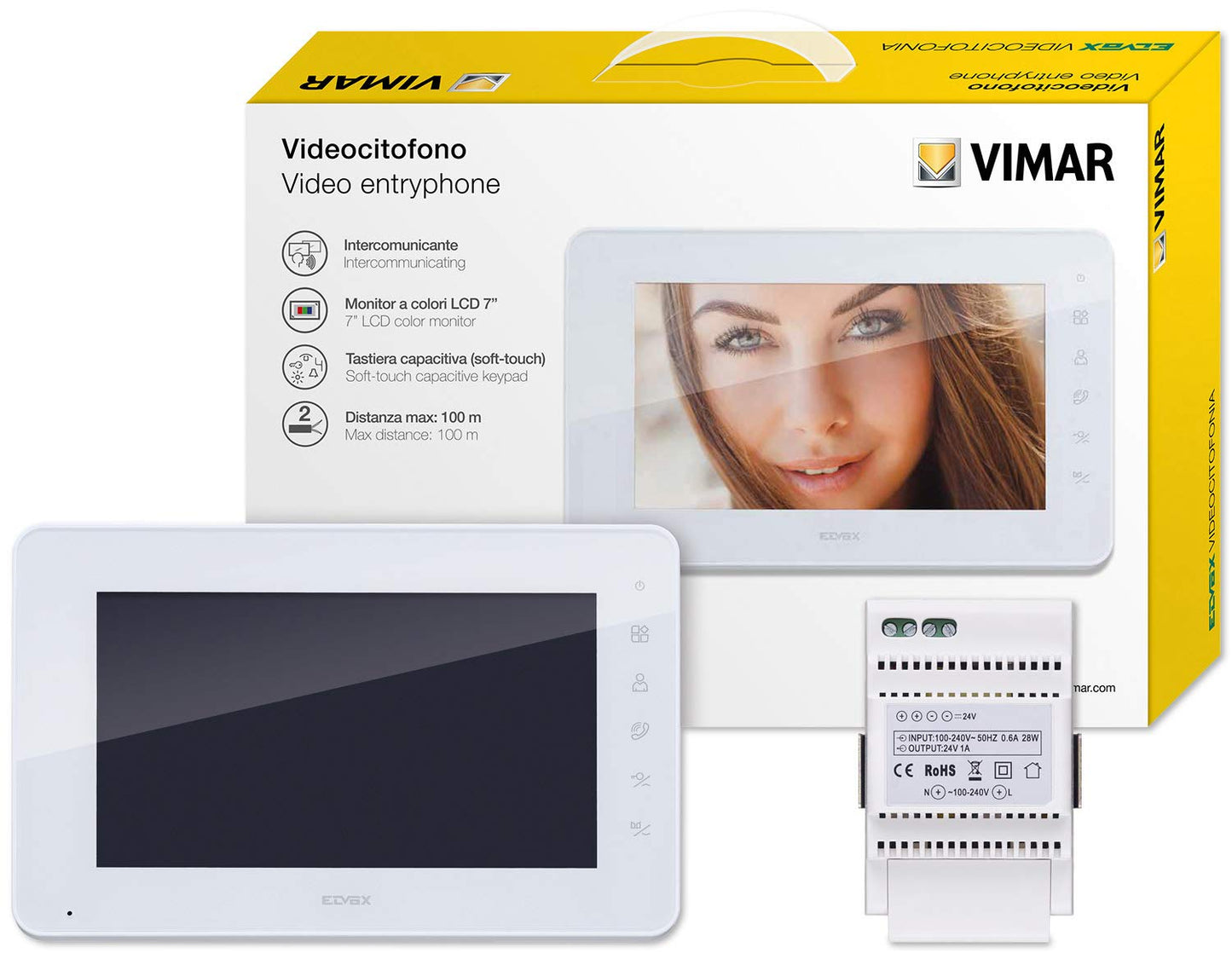 VIMAR K40932 Monitor supplementare touch screen vivavoce a colori LCD 7in per kit videocitofonico, 1 alimentatore 40103, completo di staffe per il fissaggio a parete, bianco