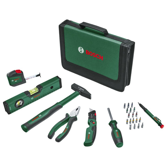 Bosch Set universale di utensili manuali 25 pezzi, versatile kit per usi fai-da-te in ambito domestico, coltello ripiegabile, pinze combinate, metro a nastro, livella a bolla e altro, Edizione Amazon