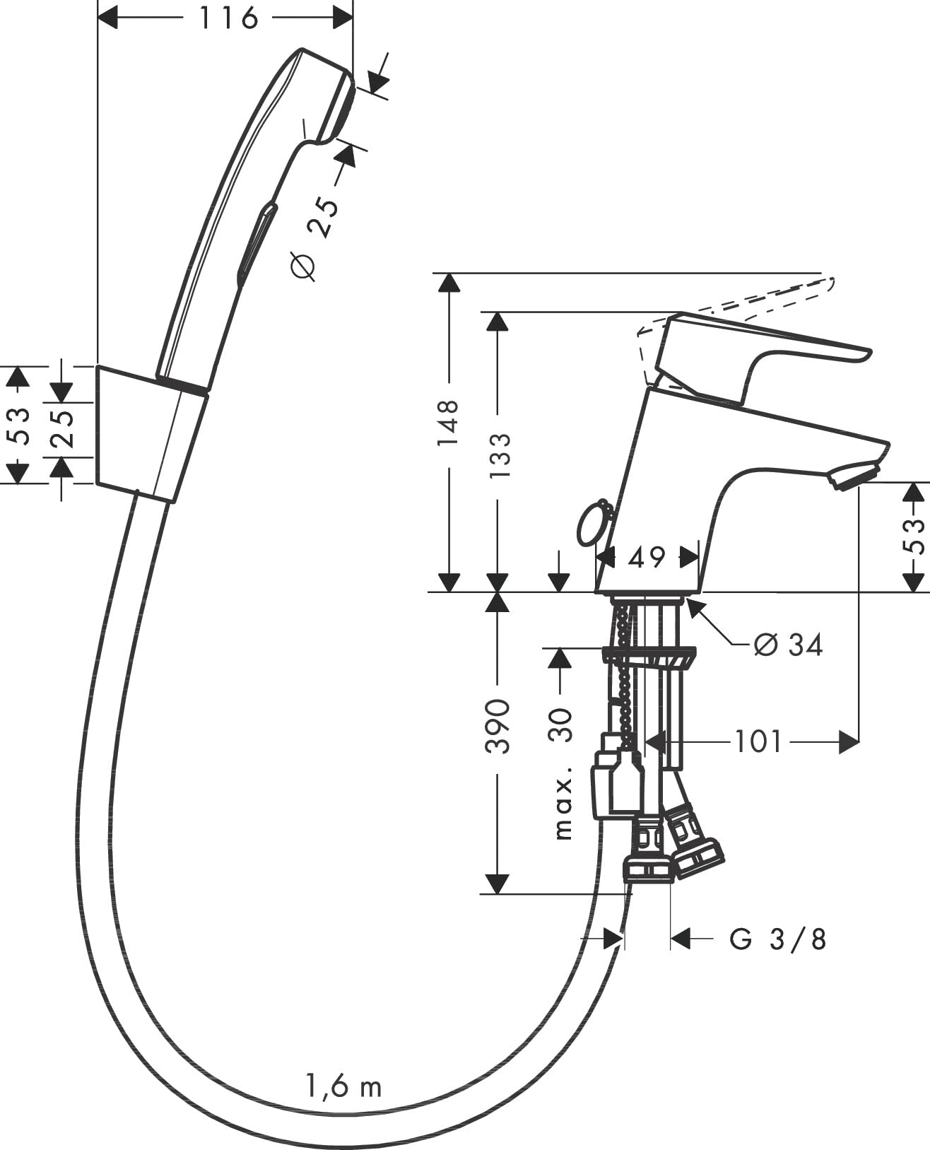 hansgrohe Ecos Miscelatore monocomando lavabo con doccetta bidette e flessibile doccia 160 cm, cromo, 32126000