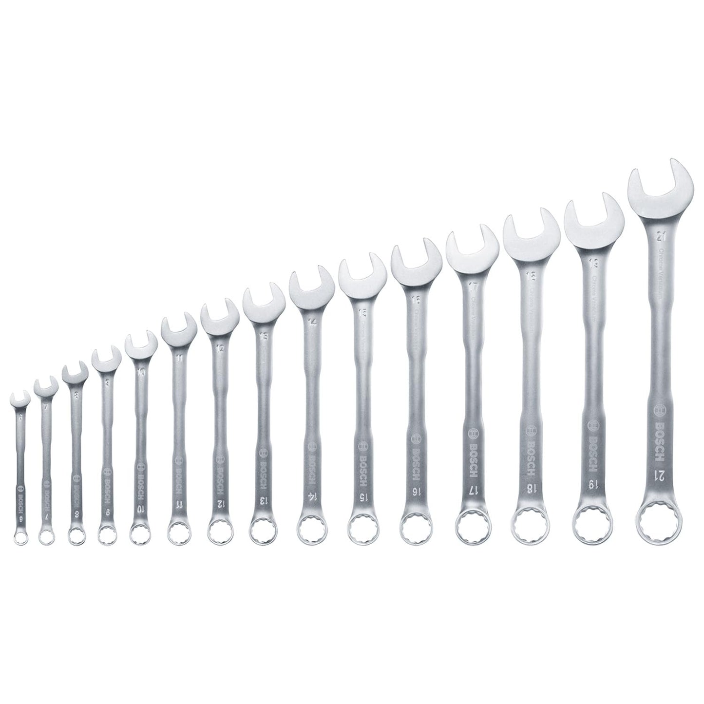 Bosch Set di chiavi combinate da 15 pezzi (robusto set di chiavi per uso univ., in cromo-vanadio, coppia elevata, punte ad anello e aperte, misure metr. 6-21 mm, design ergonomico, pratica custodia)