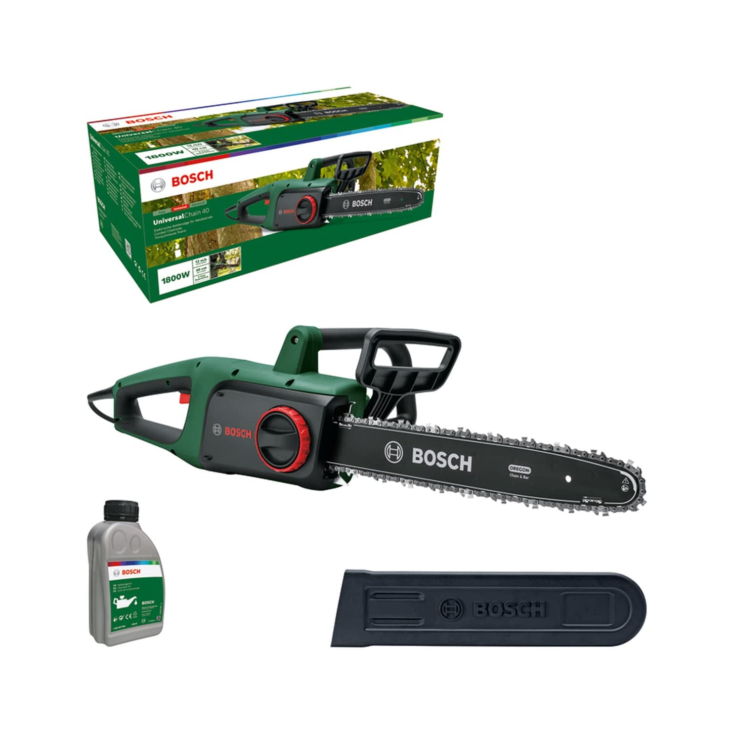 Bosch Home And Garden Motosega Elettrosega Universalchain 40, 1800 W, Velocità Catena 12 M Per S, Con Olio Per Motosega Incluso, Confezione In Cartone, Edizione Amazon, Verde, 4.3 Kg