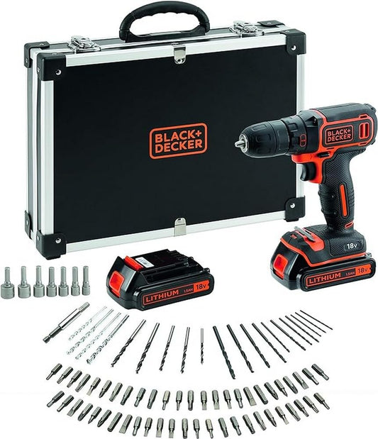 BLACK+DECKER, Trapano avvitatore 18V 1,5Ah con 2 batterie, caricabatterie rapido e 80 accessori in valigetta. BDCDC18BAFC-QW