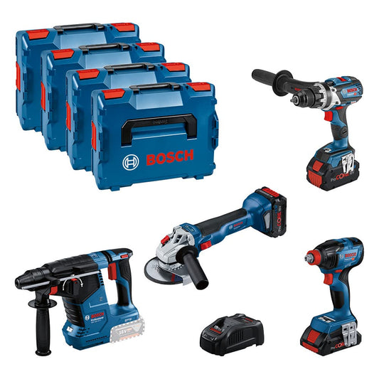 Bosch Professional Combo Kit GSR 18V-110 C + GDX 18V-210 C + GWS 18V-10 + GBH 18V-24 C (incl. 2 batterie ProCORE da 5.5 Ah, 1 batteria ProCORE da 4.0 Ah, caricabatteria GAL 1880 CV, in L-BOXX)