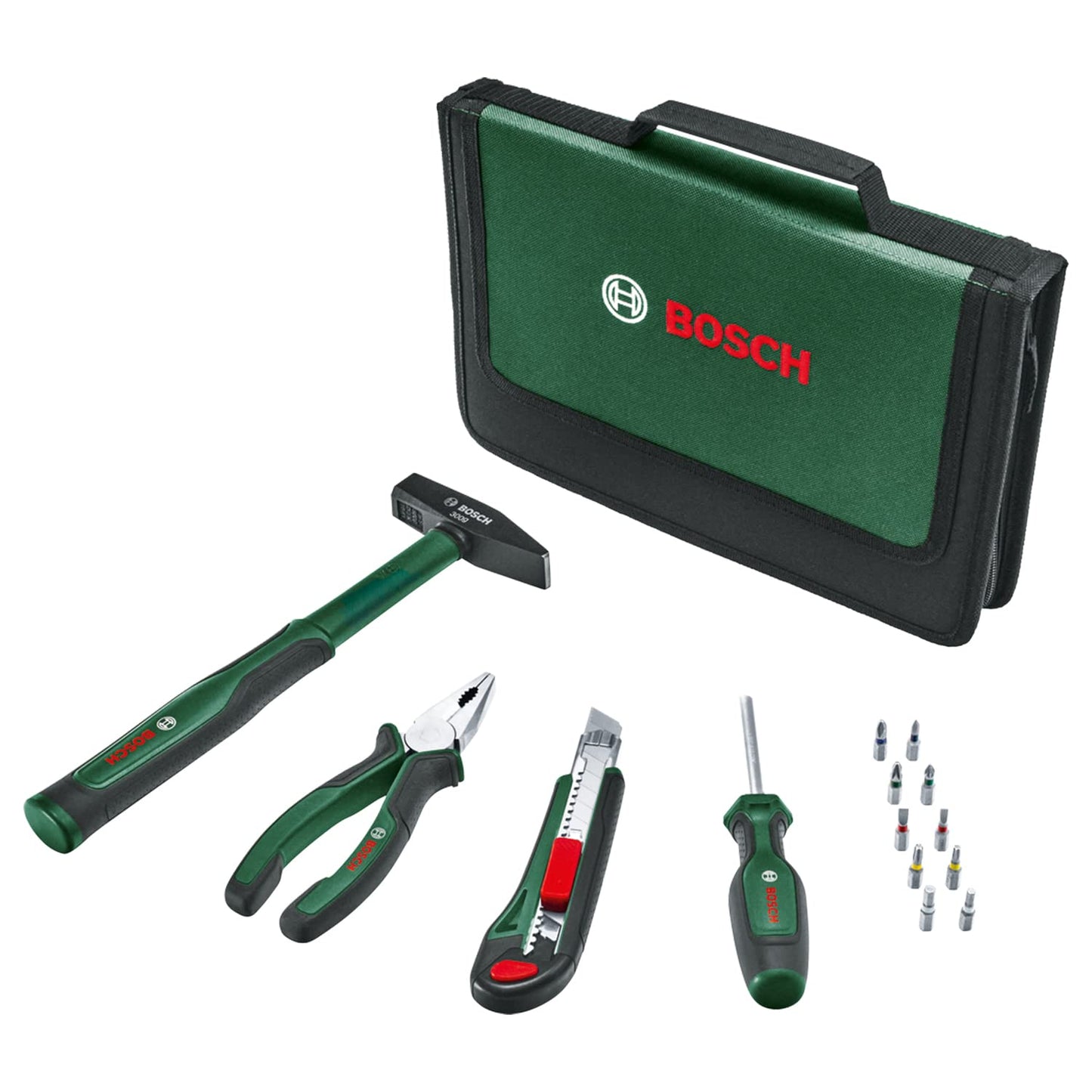 Bosch Set Easy Starter Utensili Manuali da 14 Pezzi, Kit Starter di Utensili per Semplici Lavori Domestici e di Fai-Da-Te, Pinze Combinate, Cacciavite, Coltellino Multiuso, Martello, 10 Bit