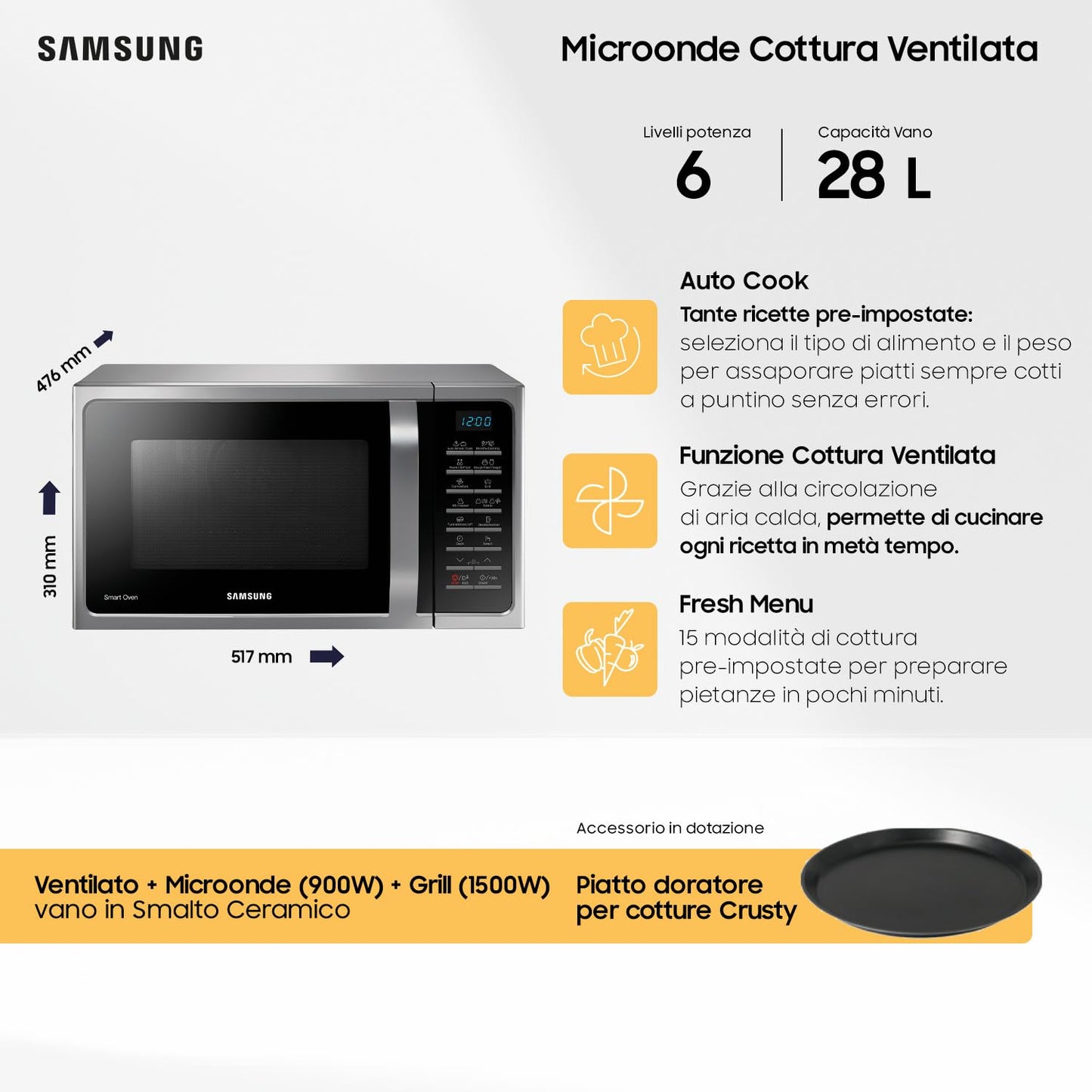 Samsung Forno a Microonde Combinato a libera installazione SmartOven MC28H5015CS/ET, Cottura Ventilata, Microonde + Grill 900 W + 1500 W, 28 L, 52l x 47h x 31p cm, Argento