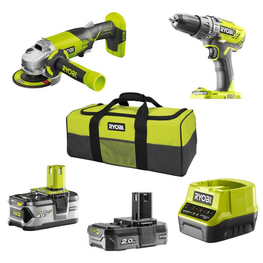 Ryobi 5133003842 Kit Trapano + Smerigliatrice, Senza Fili, Include 2 batterie Lithium+ One+, 2.0 Ah + 4.0 Ah + Borsa da Trasporto