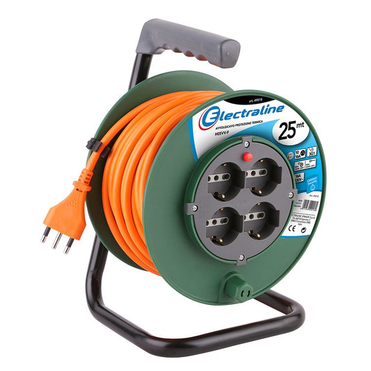 Electraline 49108 Prolunga Elettrica 25 mt con Avvolgicavo 4 Prese Polivalenti (Schuko + 10/16A) Spina Grande 16A, con Protezione-Sezione Cavo 3G1 mm², Verde-Arancio