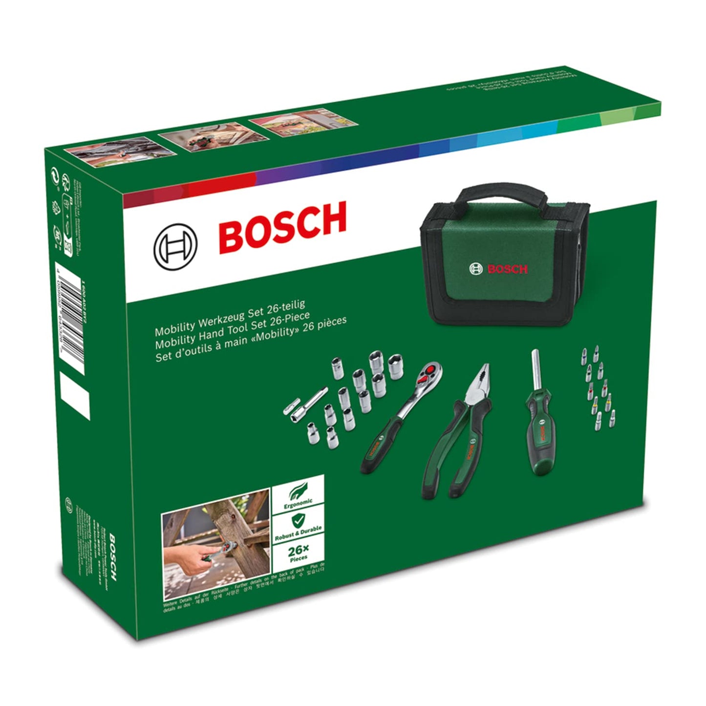 Bosch Set di Utensili Manuali da 26 Pezzi, Kit Compatto e Portatile per Progetti Fai-Da-Te, Ottimo da Trasportare, Cricchetto da 1/4", Pinze Combinate, Cacciavite Universale, in Borsa in Tessuto