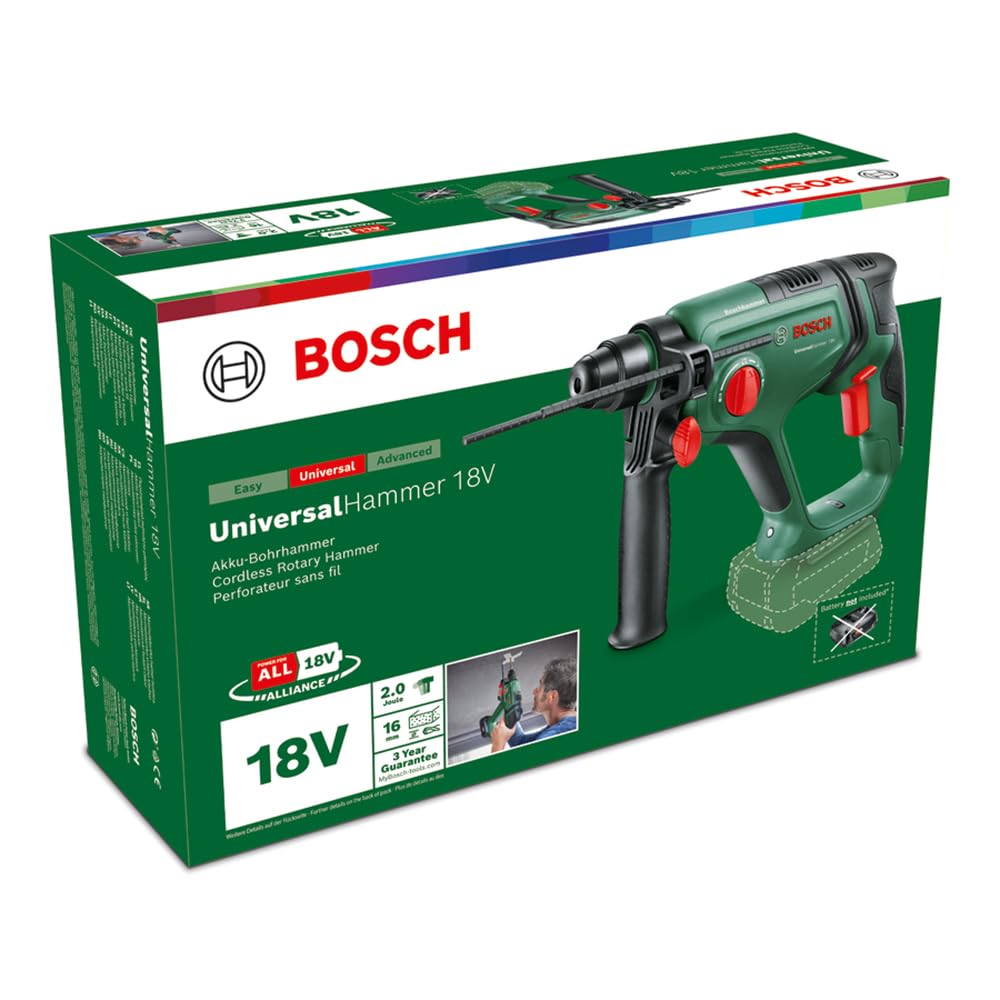 Bosch Martello perforatore a batteria UniversalHammer 18V (senza batteria, 18 Volt System; foratura/foratura a percussione/scalpellatura; potenza del colpo da 2,0 J, SDS Plus)