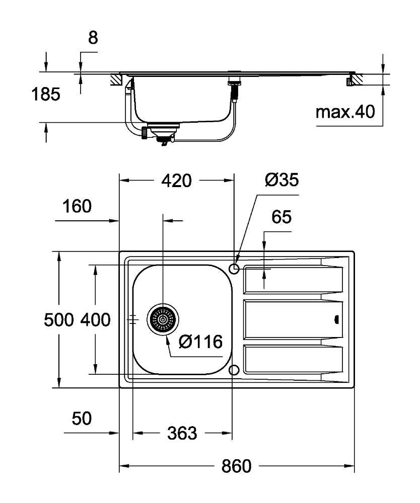 GROHE K400 | Lavello da cucina - sopratop, reversibile, piletta di scarico con azionamento automatico | include: piletta automatica, sifone, set di installazione | Acciaio inox | 31566SD0