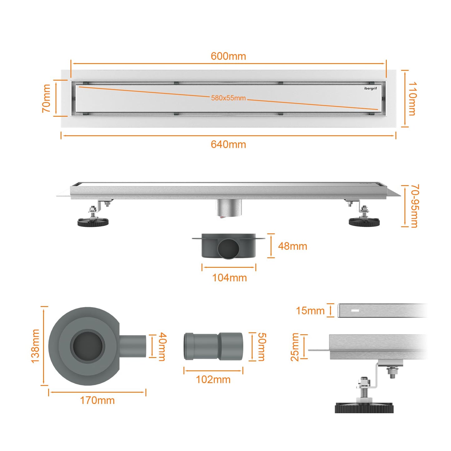 Ibergrif M42001-60 Canaletta Doccia in Acciaio Inox, Scarico Doccia con Antiodore e Filtro Capelli, Scarico Rapido, 60 cm