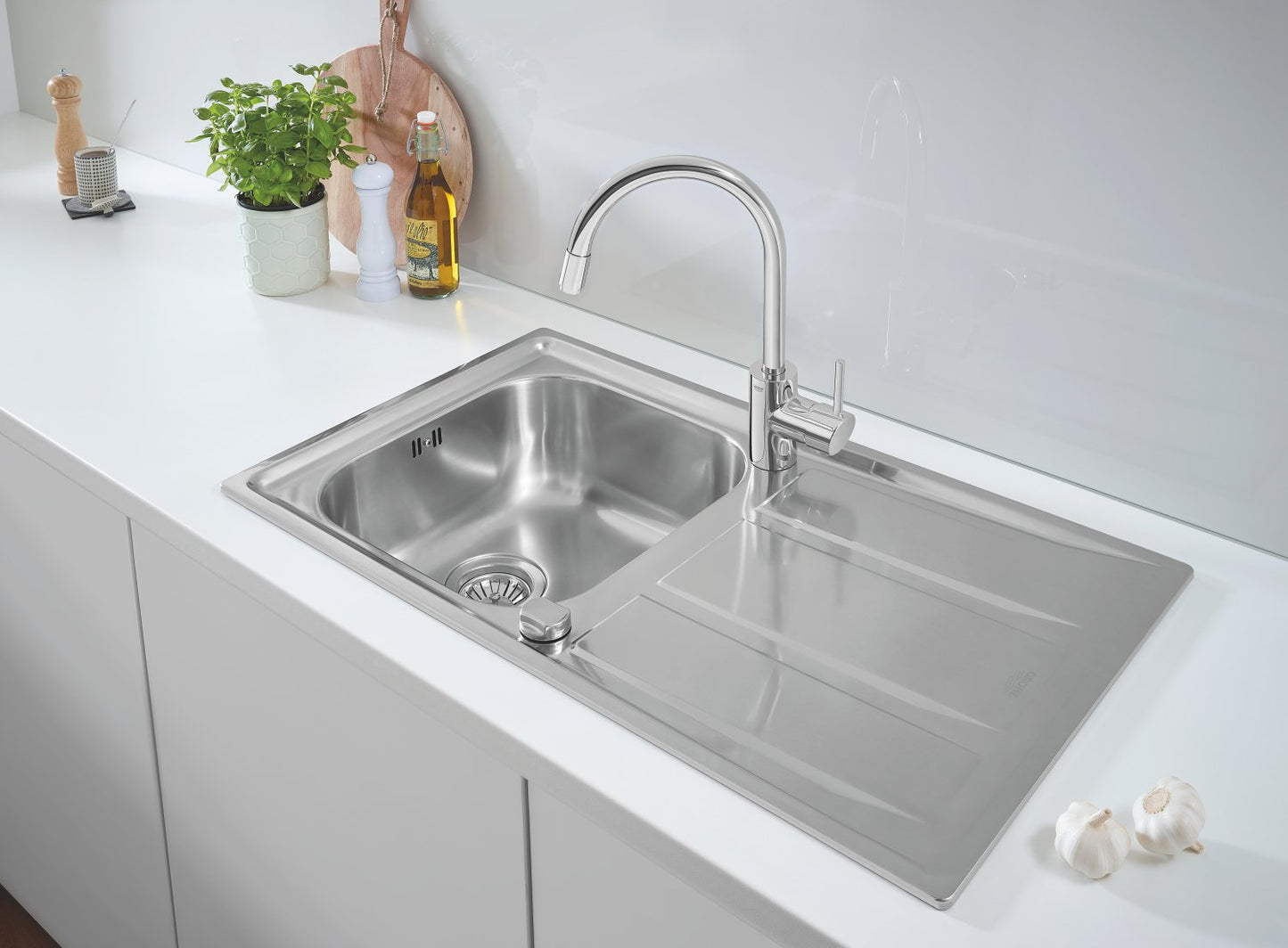 GROHE K400 | Lavello da cucina - sopratop, reversibile, piletta di scarico con azionamento automatico | include: piletta automatica, sifone, set di installazione | Acciaio inox | 31566SD0