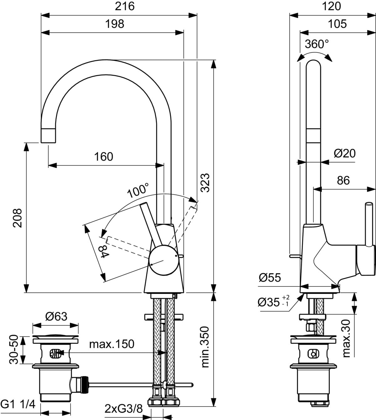 Ideal Standard - Ceraline, Miscelatore monocomando con bocca alta tubolare orientabile 360°, Cromato