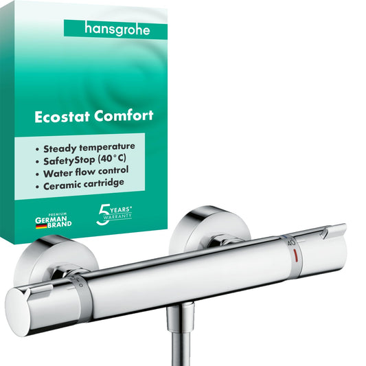 hansgrohe Ecostat Comfort - Miscelatore termostatico per doccia esterno, Rubinetto termostatico con blocco di sicurezza (SafetyStop) a 40° C, Termostato per doccia, 1 utenza, cromo, 13116000