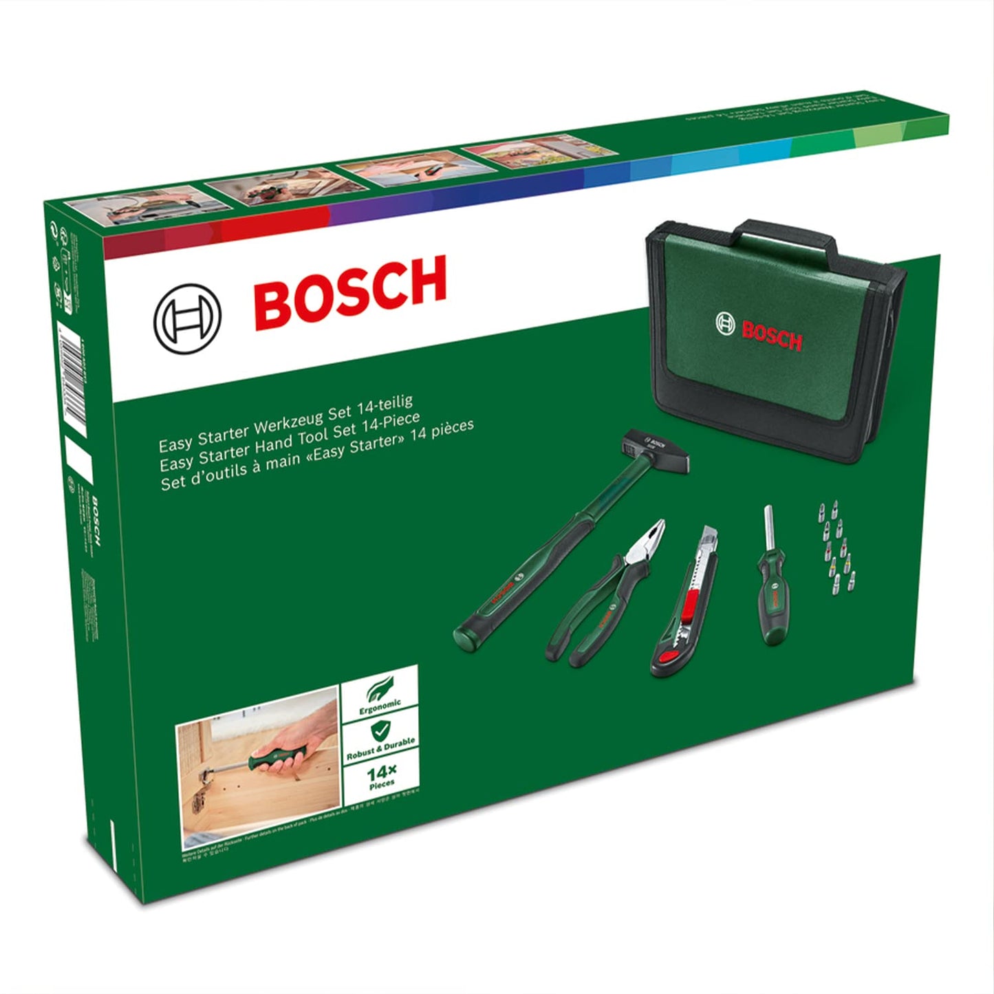 Bosch Set Easy Starter Utensili Manuali da 14 Pezzi, Kit Starter di Utensili per Semplici Lavori Domestici e di Fai-Da-Te, Pinze Combinate, Cacciavite, Coltellino Multiuso, Martello, 10 Bit