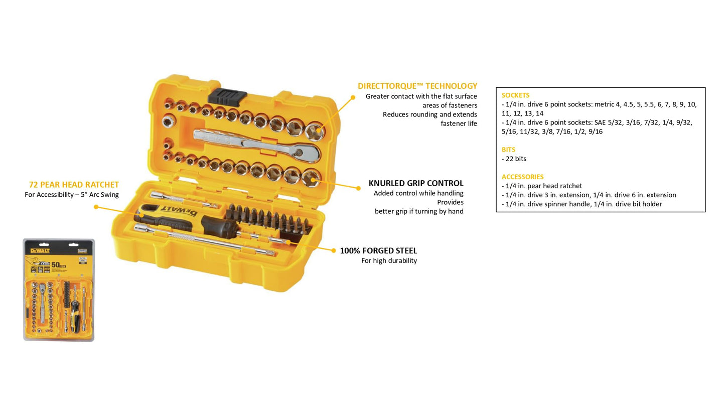 DeWalt CHIAVI BUSSOLA ESAGONALI 1/4" CON CRICCHETTO INSERTI DWMT81610 KIT 50 PZ