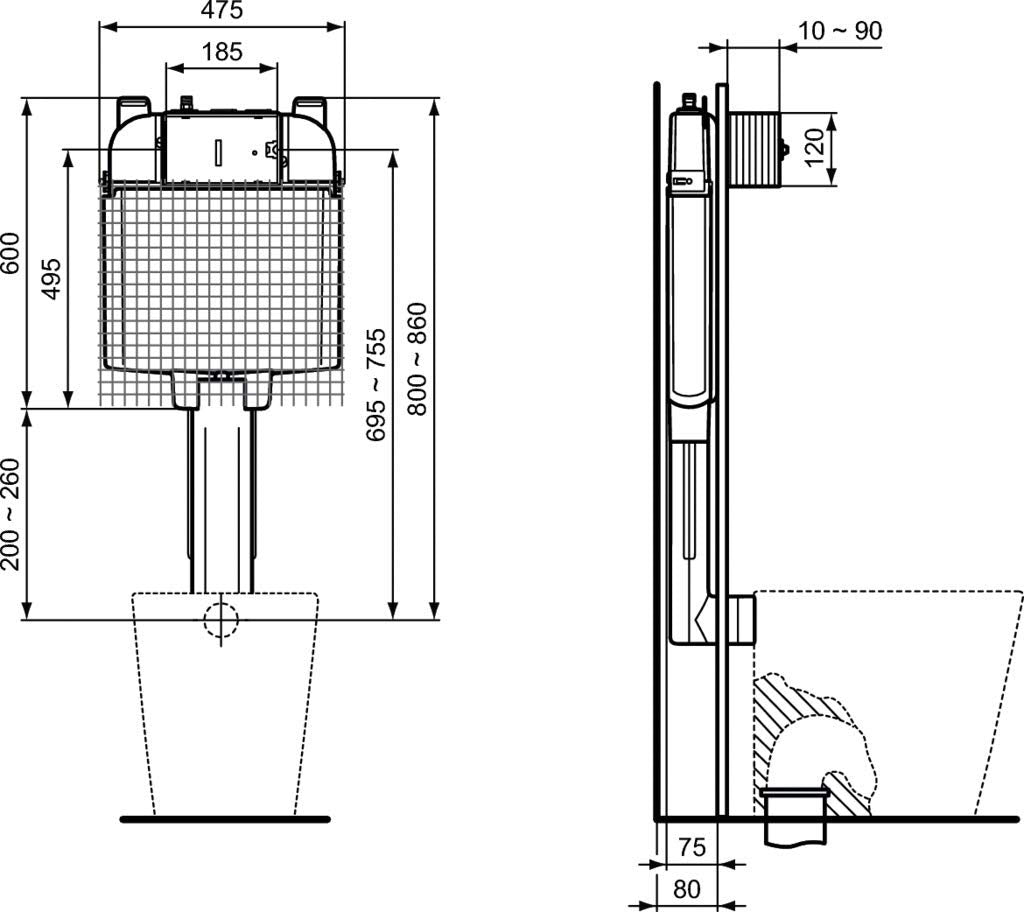 Ideal Standard T4931AC Prosys 80 cassetta di risciacquo ad incasso per WC a terra + placca meccanica Oleas M1 Bianca