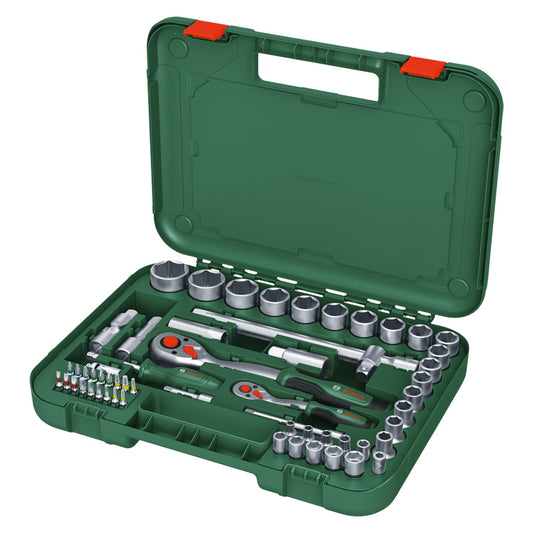 Bosch Set di cricchetti da 1/4" + 1/2" da 57 pezzi (2 potenti cricchetti per diversi lavori, coppia elevata, pulsante di blocco, interruttore di direzione, collo curvo, custodia per il trasporto)