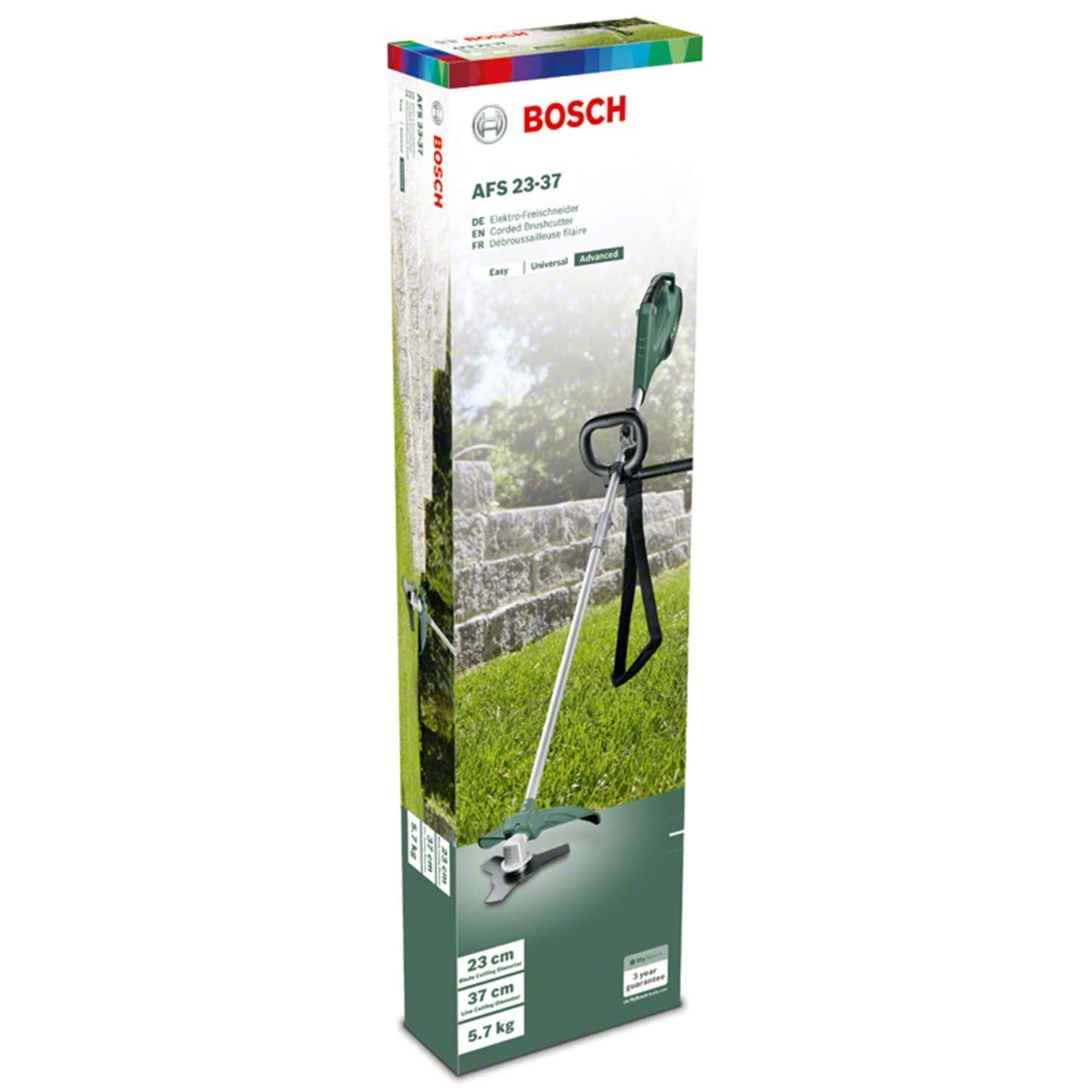 Bosch Decespugliatore AFS 23-37, Lama a 3 taglienti, bobina per fili da taglio, 3 fili da taglio, impugnatura supplementare, cuffia di protezione, confezione in cartone, potenza 1000 Watt