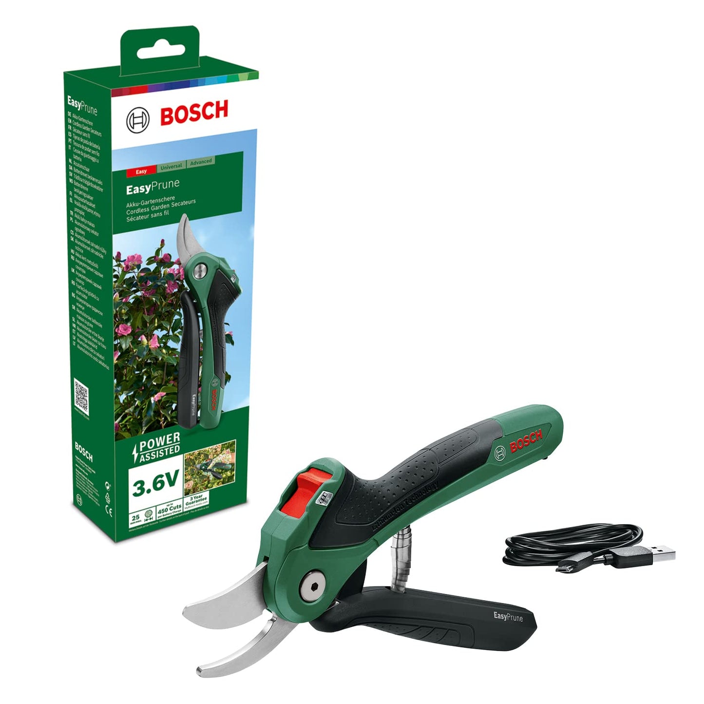 Bosch Cesoie a batteria EasyPrune (batteria integrata da 3,6 V; 450 tagli per ogni ricarica della batteria; ricaricabile con cavo micro-USB; in confezione di cartone)