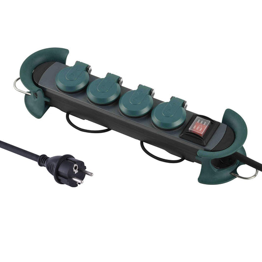 Electraline 62085 Multipresa Professionale da Lavoro per Outdoor, 4 prese Schuko con tappo IP44, appendibile con 2 ganci, Cavo in gomma 4 m H07RN-F 3G1,5, Nero/Verde