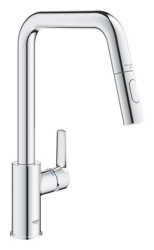 GROHE Start QuickFix – Rubinetto miscelatore estraibile per lavello da cucina a doppio spruzzo (bocca alta a U, area girevole a 360°, cartuccia in ceramica da 28 mm, code da 1/2 pollice), facile da