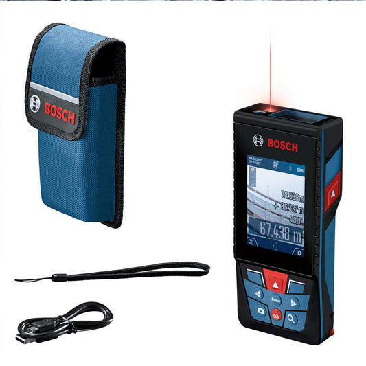 Bosch Telemetro laser GLM 150-27 C (fotocamera integrata, batteria integrata da 3,6 V, blu, portata: fino a 150 m, robusto, IP54, ± 1,5 mm, batterie AA, cinturino da polso, borsa)