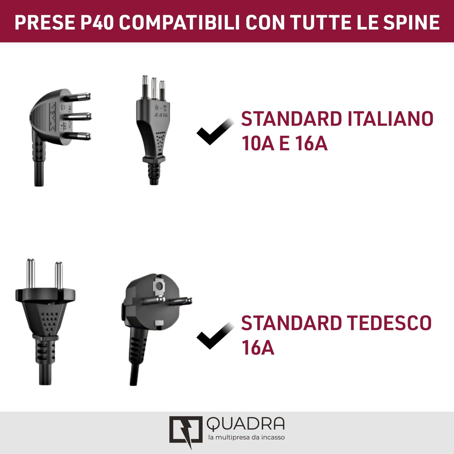 Electraline 22105 Multipresa da incasso Quadra 4 Posti Universali P40, compatibile con tutte le scatole da incasso 3 posti (muratura o cartongesso)