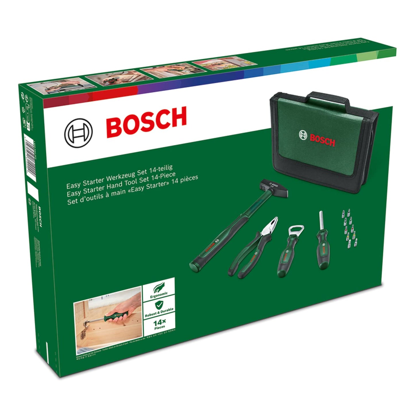 Bosch Home and Garden Easy Starter - Set di 14 utensili manuali (kit di base per attività domestiche e fai da te; pinze combinate, cacciavite, apribottiglie, martello; 10 punte)