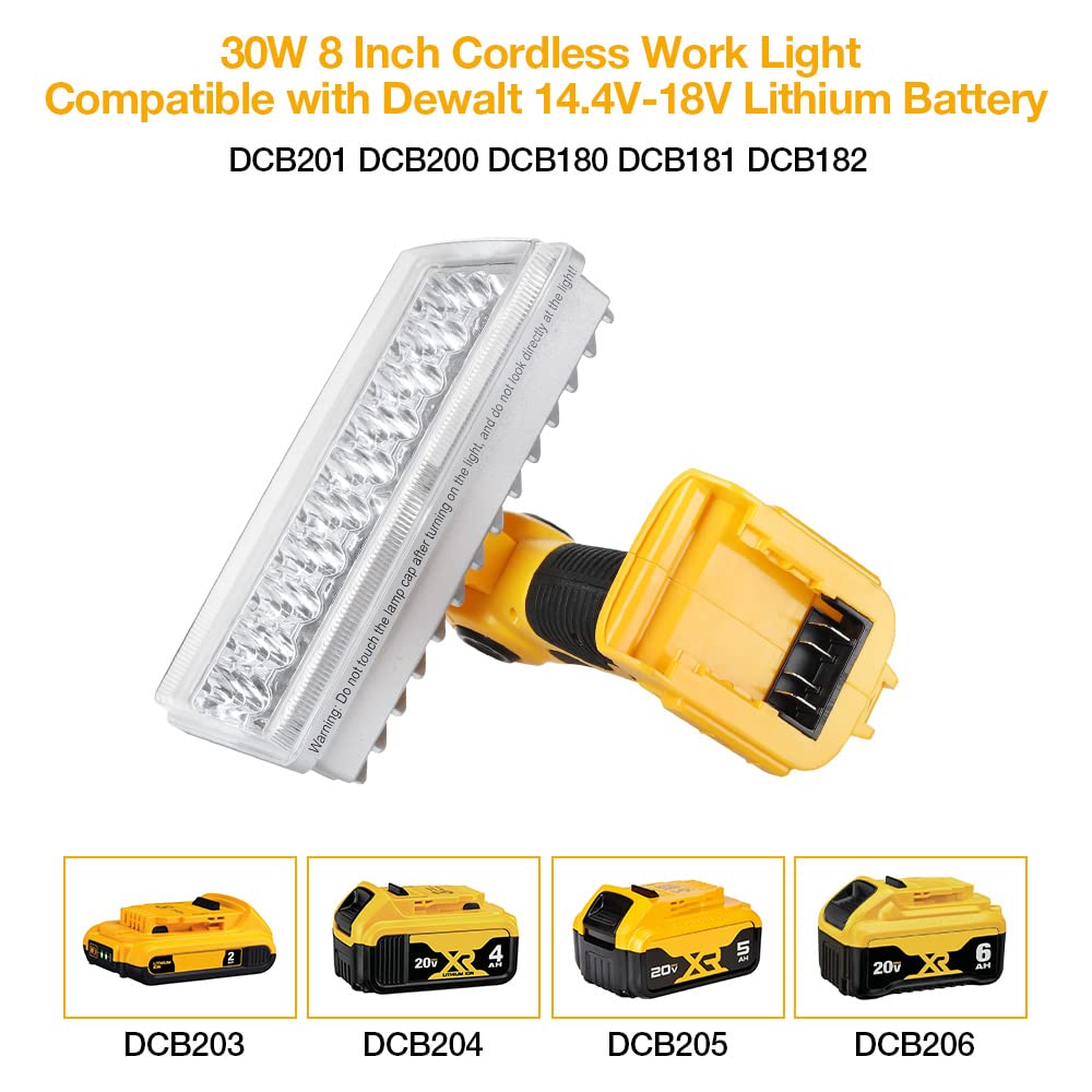 Faretto da lavoro a LED senza fili a lungo raggio con USB compatibile con Dewalt 18V batteria al litio, torcia da esterno multifunzione Hipoke 30W 3300LM, testa in lega di zinco girevole a 110 gradi