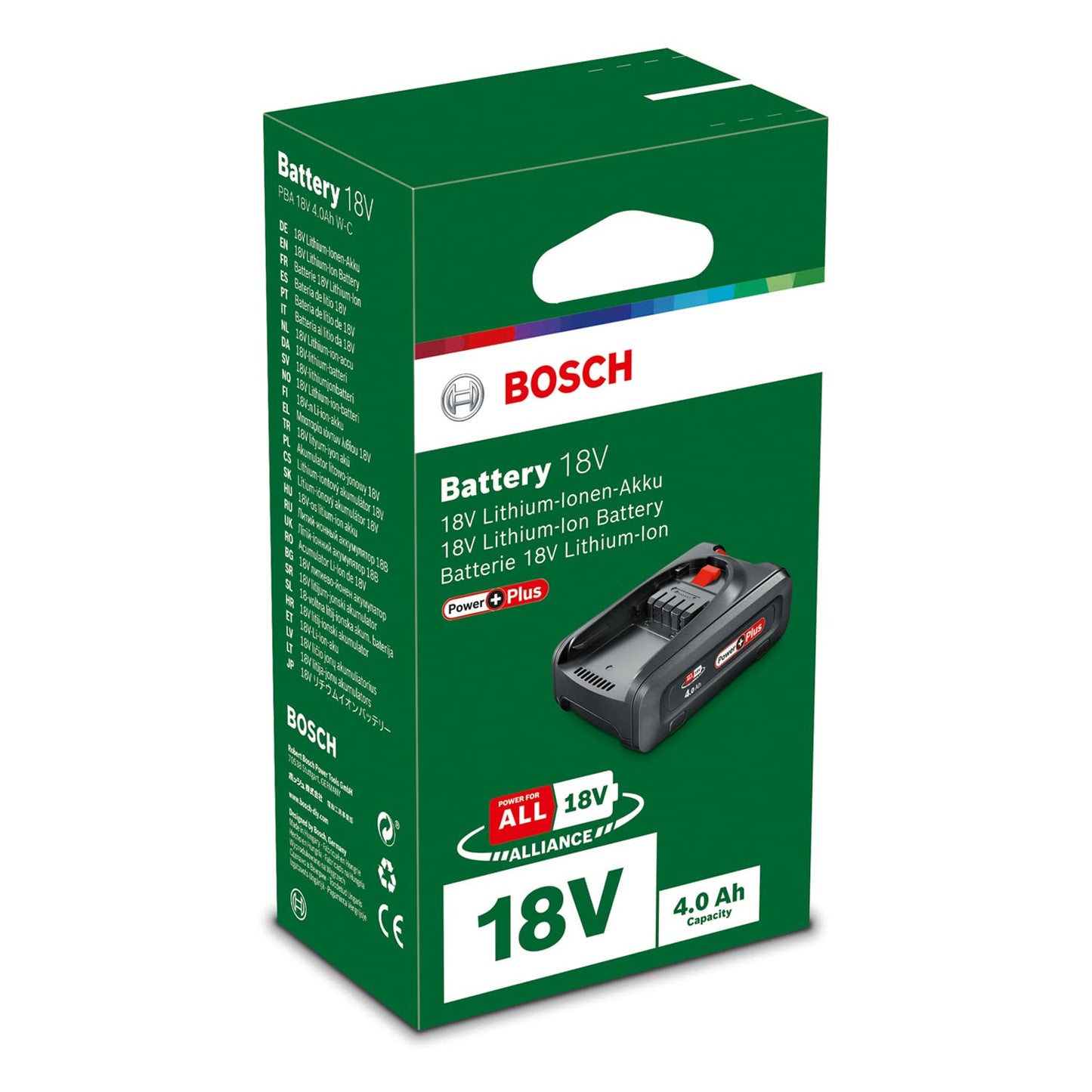 Bosch Home and Garden Bosch Pacco Batteria PBA 18V 4.0 Ah PowerPlus (1 Batteria 18 V 4.0 Ah, Sistema da 18 V, in Confezione di Cartone), 18 V