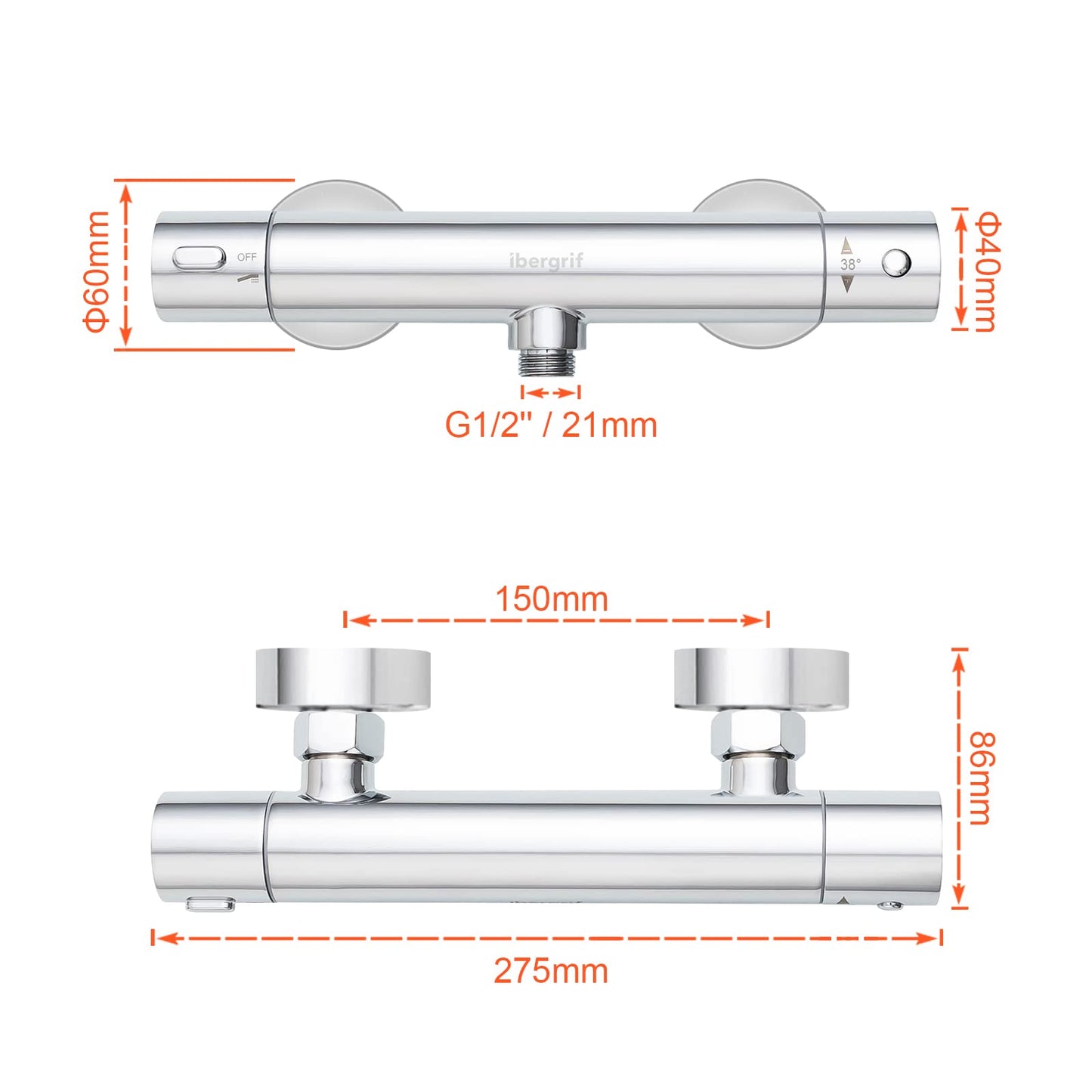 Ibergrif M21805-1 Rubinetto Miscelatore Termostatico Termostatico 38 ℃ Anti-Scottatura con Pulsante di Sicurezza Rubinetto Doccia Termostatico in Ottone Cromato, Rubinetto Termostatico per Doccia