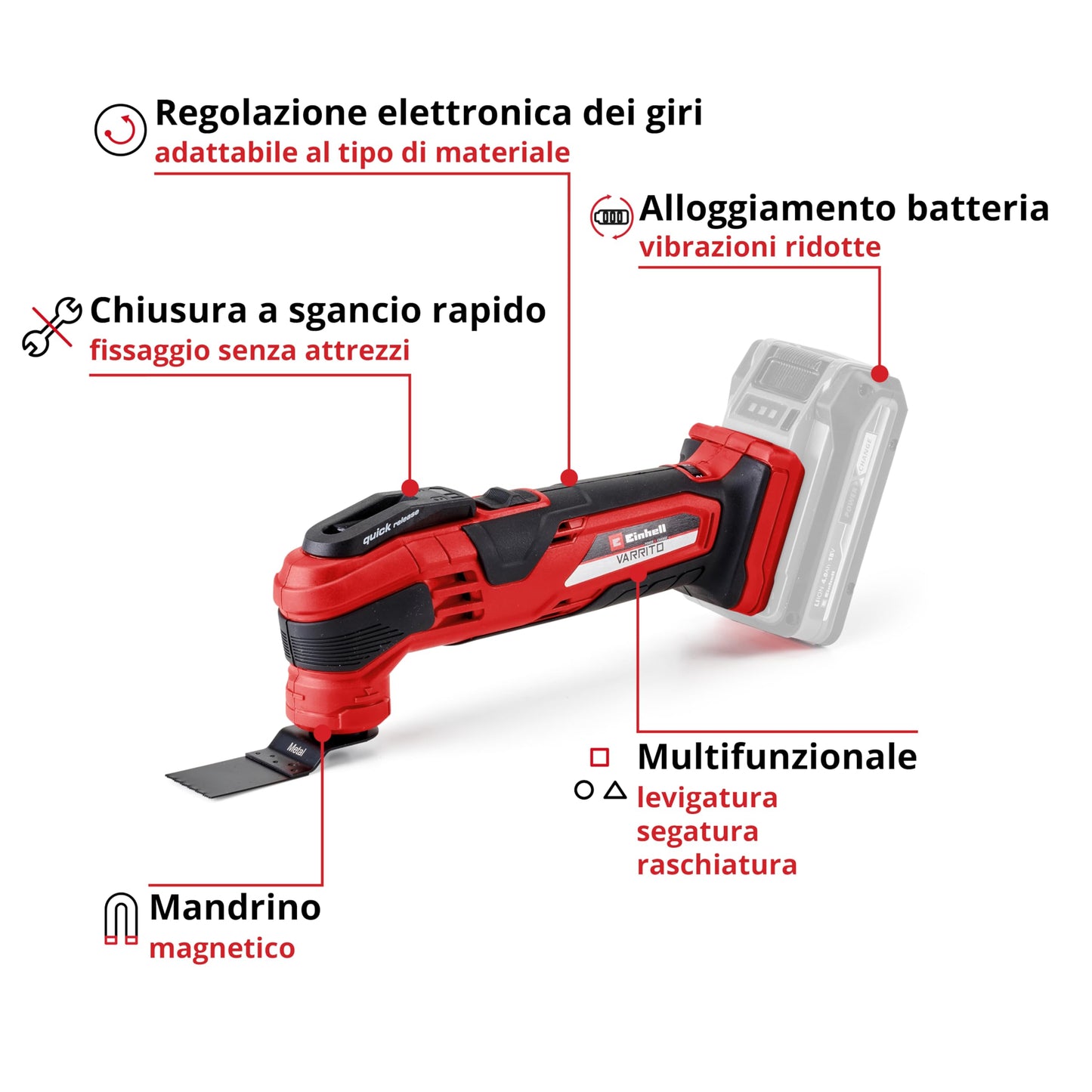 Einhell Utensile Multifunzionale a Batteria Varrito, Power X-Change (Li-Ion, 18 V, 11000-20000 min.-1, blocco rapido, portautensili regolabile in 12 posizioni) Nero/Rosso