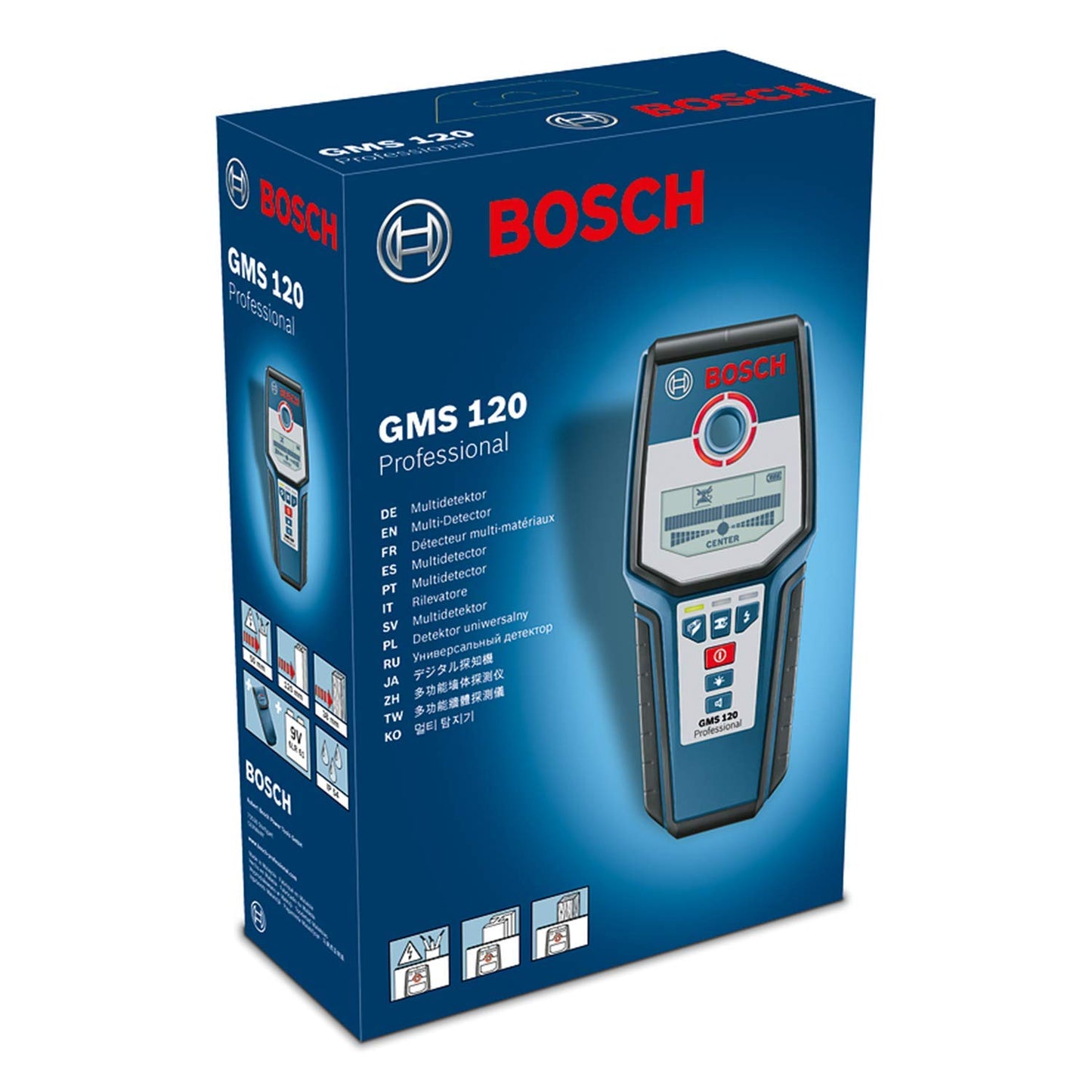 Bosch Professional Rilevatore GMS 120 (Profondità di Rilevamento Max. Legno/Metallo Magnetico/Metallo Non Magnetico/Cavi Sotto Tensione: 38/120/80/50 mm, In Scatola Di Cartone)