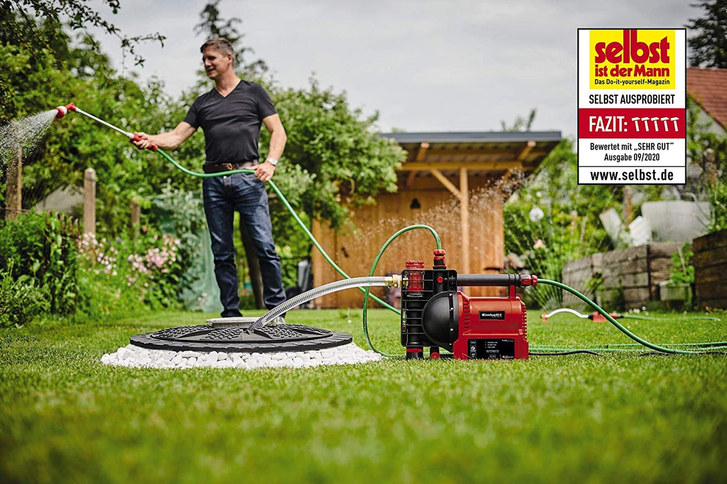 Einhell Pompa di irrigazione automatica GE-AW 1042 FS (1.050 W, indicatori del livello acqua/sporcizia/di aspirazione, protezione sottovuoto, protezione bruciatura/termica), rosso/nero