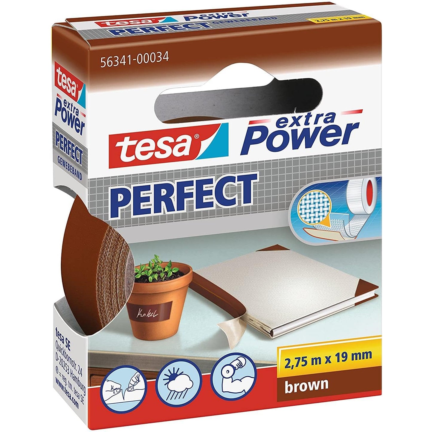 TESA - Nastro adesivo in tela extra power, 19 mm x 2,75 m, confezione da 10, colore: Marrone