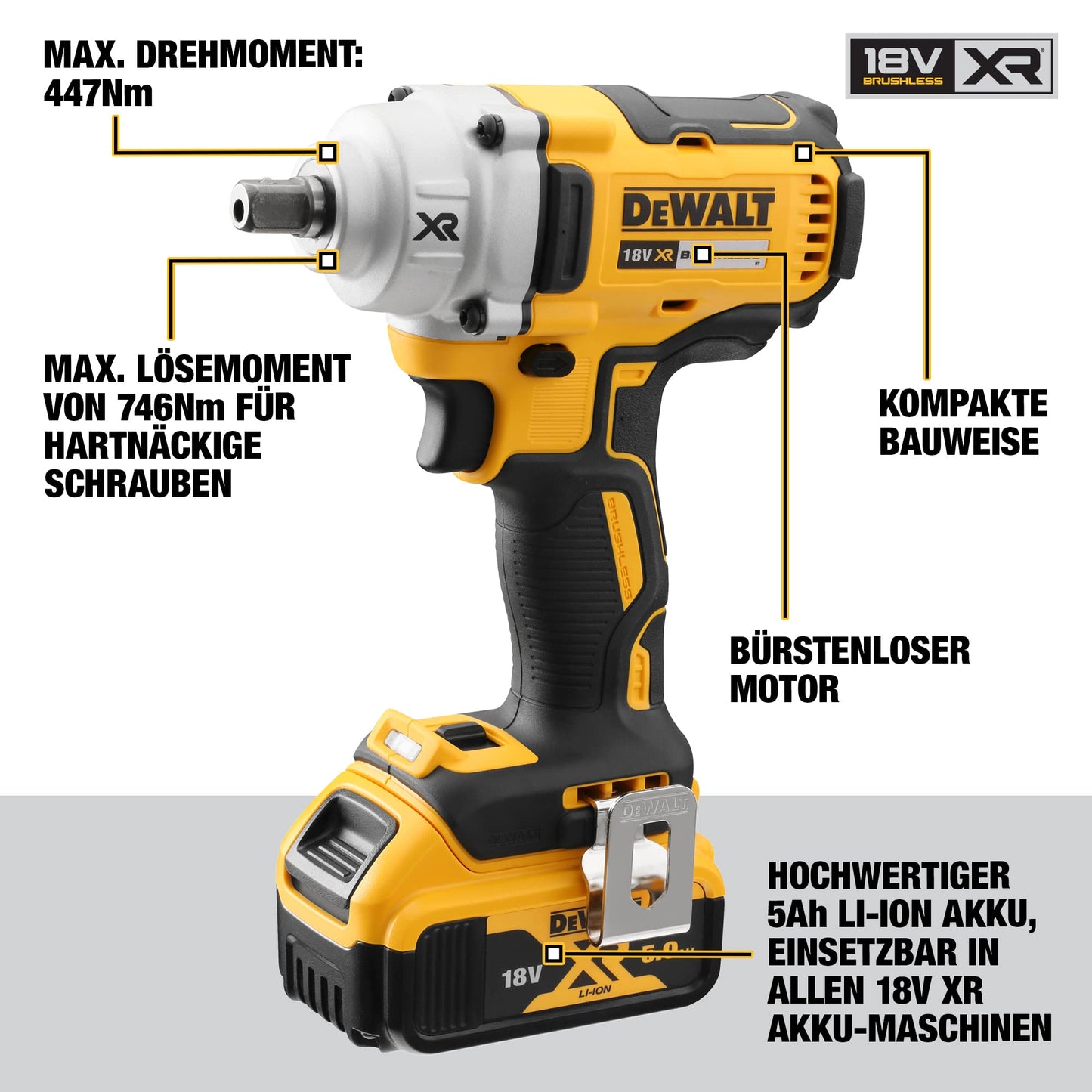 DEWALT DCF894P2-QW Avvitatore ad impulsi attacco 1/2” 18V - DOTAZIONE: 2 batterie XR Litio 5.0Ah, caricabatterie, valigetta TSTAK.