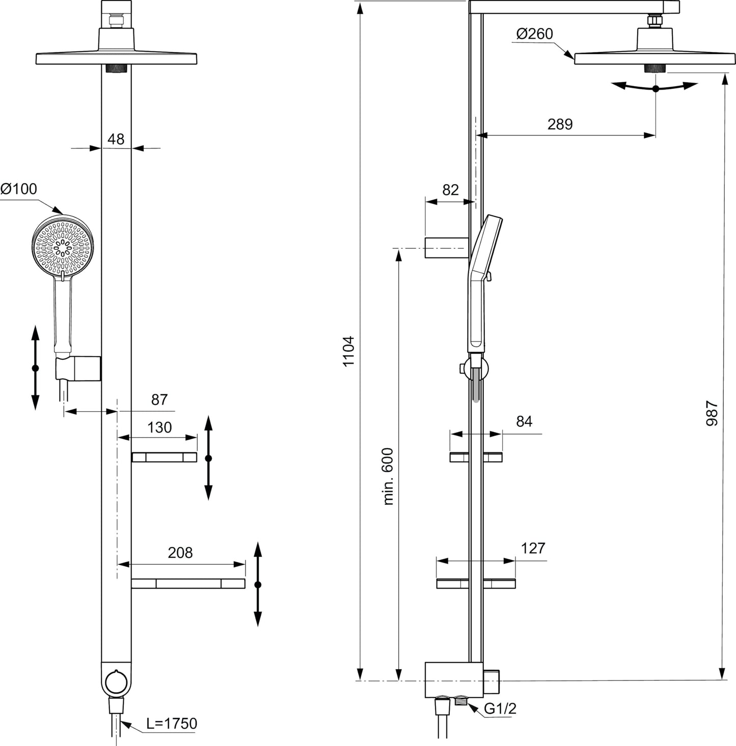 Ideal Standard - Alu+, Colonna doccia in alluminio con deviatore, Una via, Matt Silver