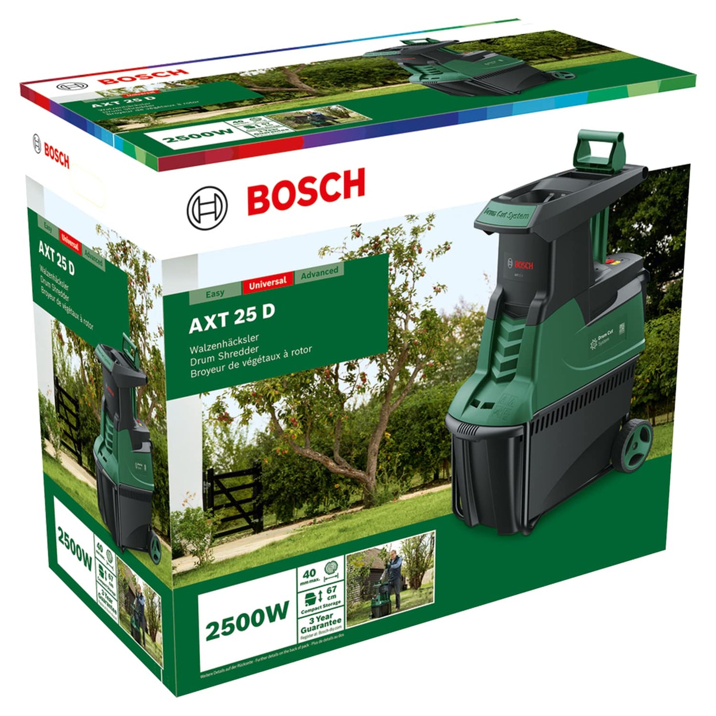 Bosch Home and Garden Biotrituratore silenzioso AXT 25 D (2500 W; idoneo per legno resistente e arbusti spinosi; cesto di raccolta integrato da 53 l; in confezione cartone)