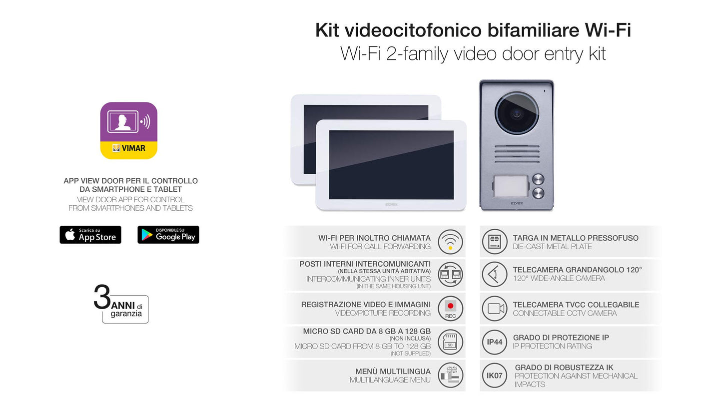 Vimar K40946 Kit Videocitofono Smart Bifamiliare con 2 Monitor Touch Screen Vivavoce, Targa Audiovideo 2 Pulsanti con Cornice Parapioggia, 2 Alimentatori Multispina, Bianco