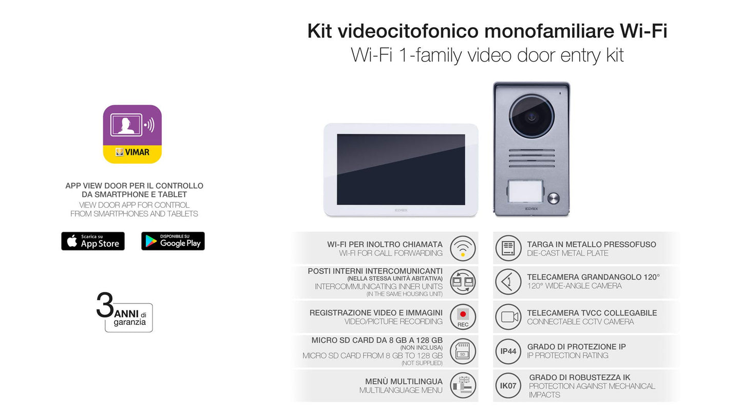 VIMAR K40955 Kit videocitofonico da parete con: videocitofono touch screen vivavoce Wi-Fi a colori LCD 7", targa audiovideo 1 pulsante, alimentatore, completo di staffe per il fissaggio, bianco