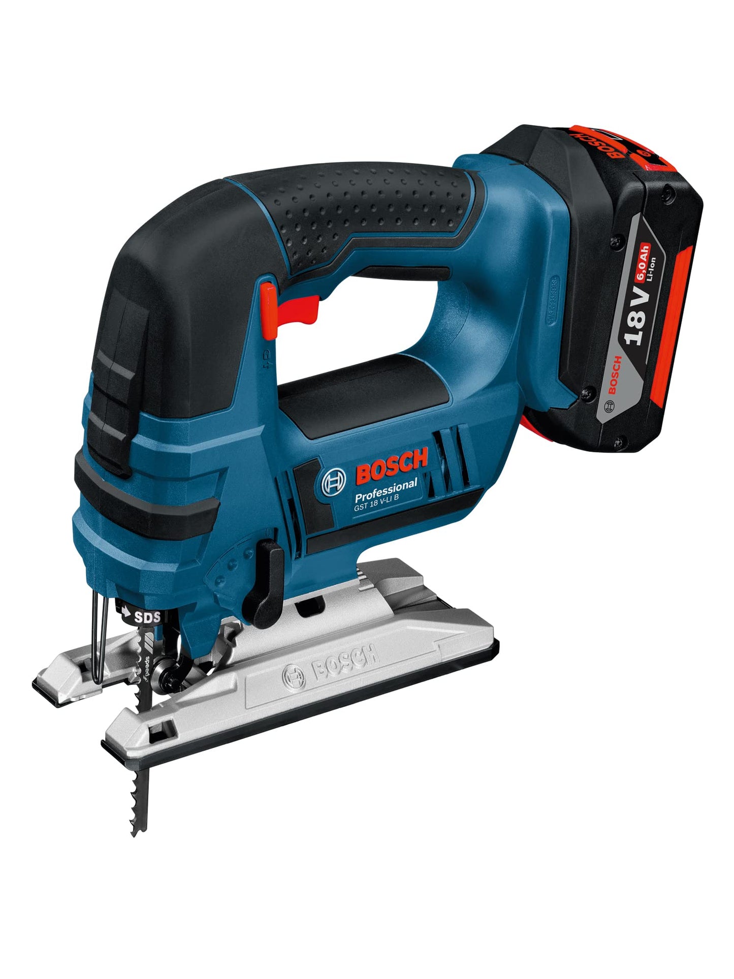 Bosch Professional 06015A6101 Seghetto Alternativo, Profondità: Legno/Alluminio/Metallo: 120/20/8 mm, 3 Lame, Protezione, Senza Batterie, in L-Boxx, 0 W, 18 V, Blu, Versione con Staffa