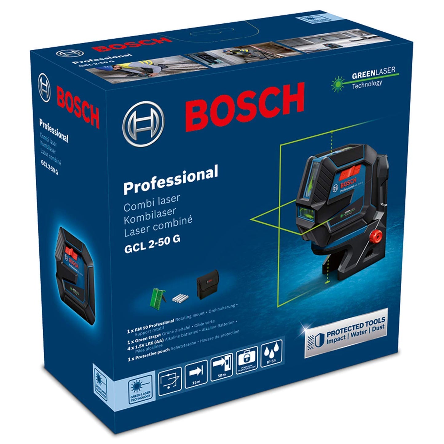 Bosch Professional Livella Laser GCL 2-50 G,laser verde, da interno, supporto RM 10, raggio d'azione visibile fino a 15 m, 4x batterie AA, confezione in cartone