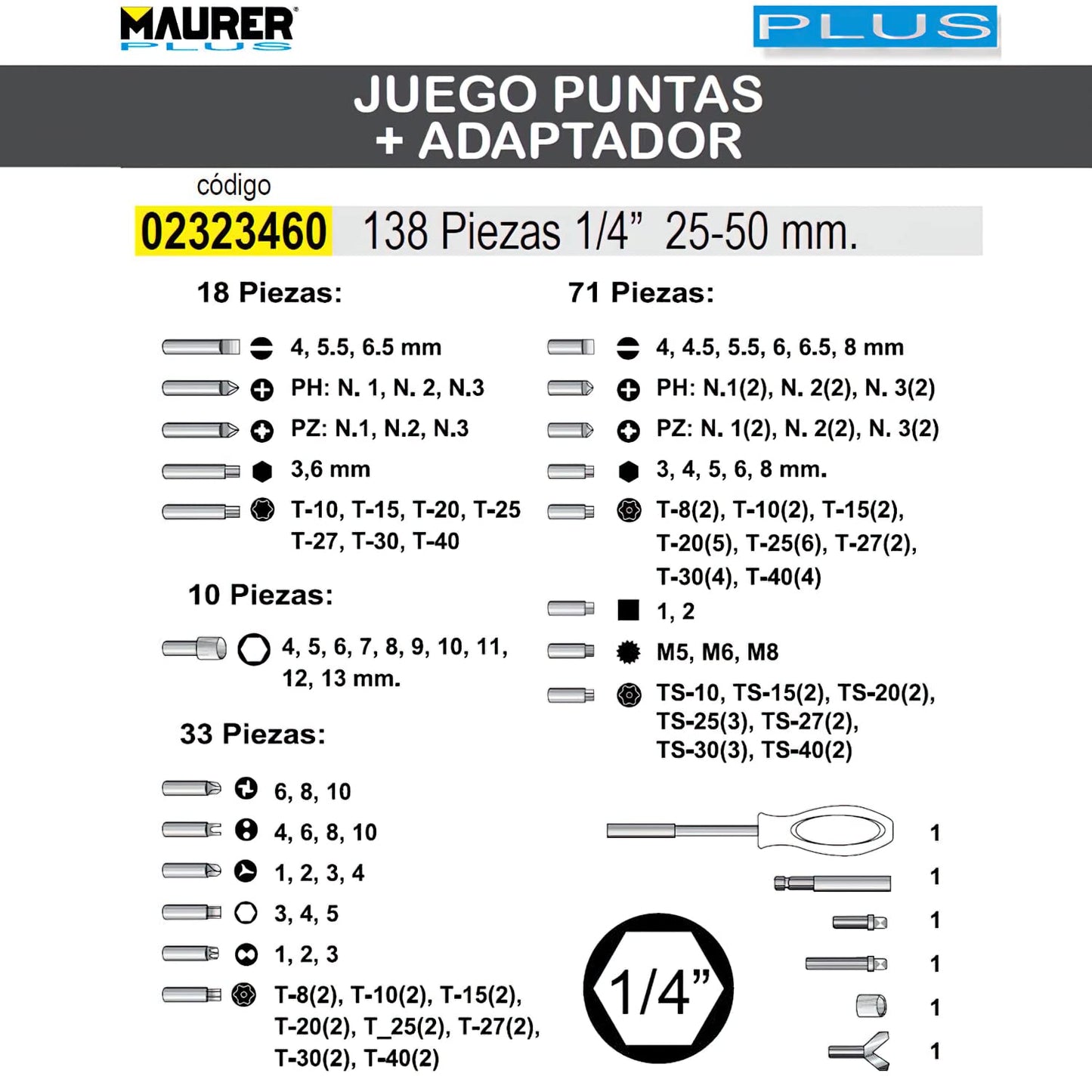 Maurer 92780 Juego Puntas 1/4 25-50mm con adaptador 138 piezas, Grigio