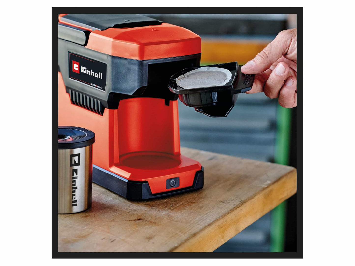 Einhell Macchina da caffè a batteria TE-CF 18 Li-Solo Power X-Change (18 V, 240 ml, per caffè con filtro e cialde caffè, maniglia per il trasporto, tazza da caffè con coperchio, senza batteria)