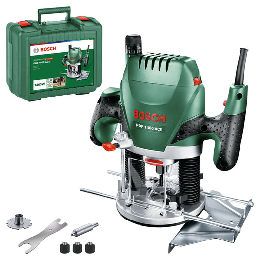 Bosch Fresatrice verticale POF 1400 ACE, 3 pinze di serraggio, fresa, guida parallela, adattatore di aspirazione, valigetta, potenza 1400 Watt