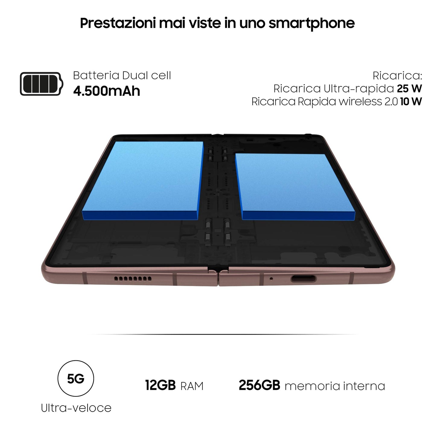 Samsung Galaxy Z Fold2 5G Smartphone, Display ext.6.2” Super AMOLED / int. 7.6” Dynamic AMOLED 2x, 256GB, RAM 12GB, Batteria 4500 mAh, 5G, NanoSIM, Android 10, Marrone